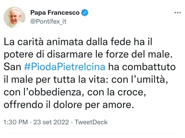 Twitter Papa francesco su Padre Pio da Pietrelcina 23 settembre 2022